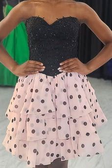 Pink and Black Floral Sweetheart Ruffled Polka Dots Short Cocktail Dress