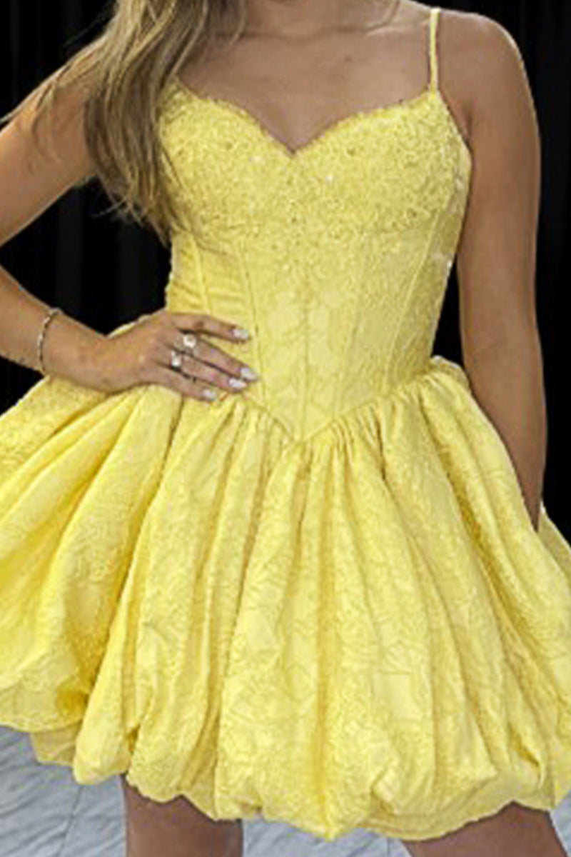 Load image into Gallery viewer, Yellow Corset A Line Spaghetti Straps Short Bubble Cocktail Dress