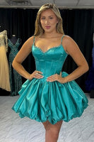 Load image into Gallery viewer, Peacock Green Satin A Line Corset Mini Bubble Cocktail Dress