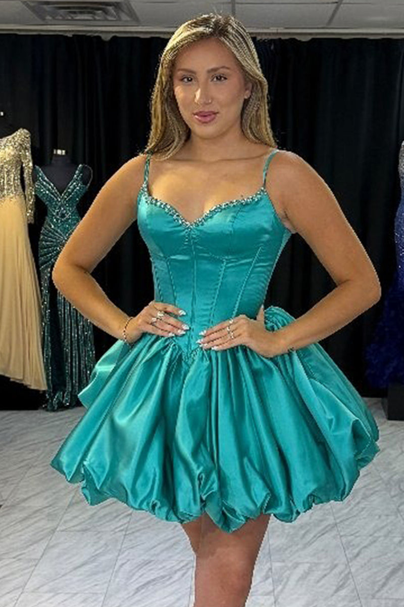 Load image into Gallery viewer, Peacock Green Satin A Line Corset Mini Bubble Cocktail Dress