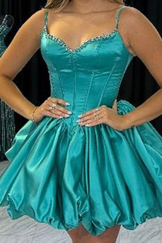 Peacock Green Satin A Line Corset Mini Bubble Cocktail Dress