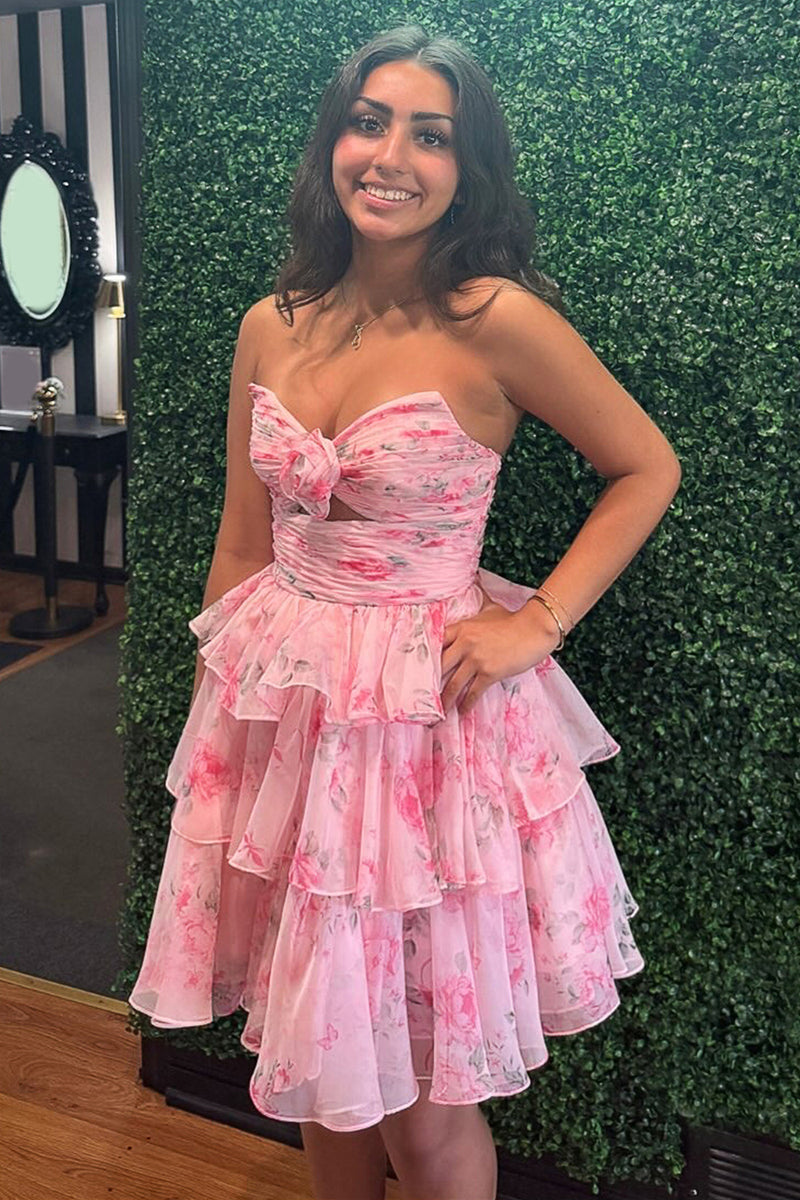 Load image into Gallery viewer, Pink Strapless Ruffled Floral A Line Short Cocktail Dress