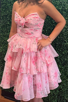 Pink Strapless Ruffled Floral A Line Short Cocktail Dress