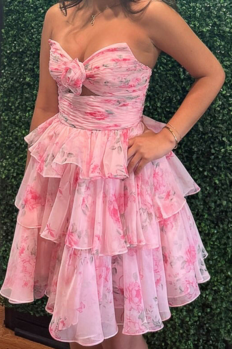 Load image into Gallery viewer, Pink Strapless Ruffled Floral A Line Short Cocktail Dress
