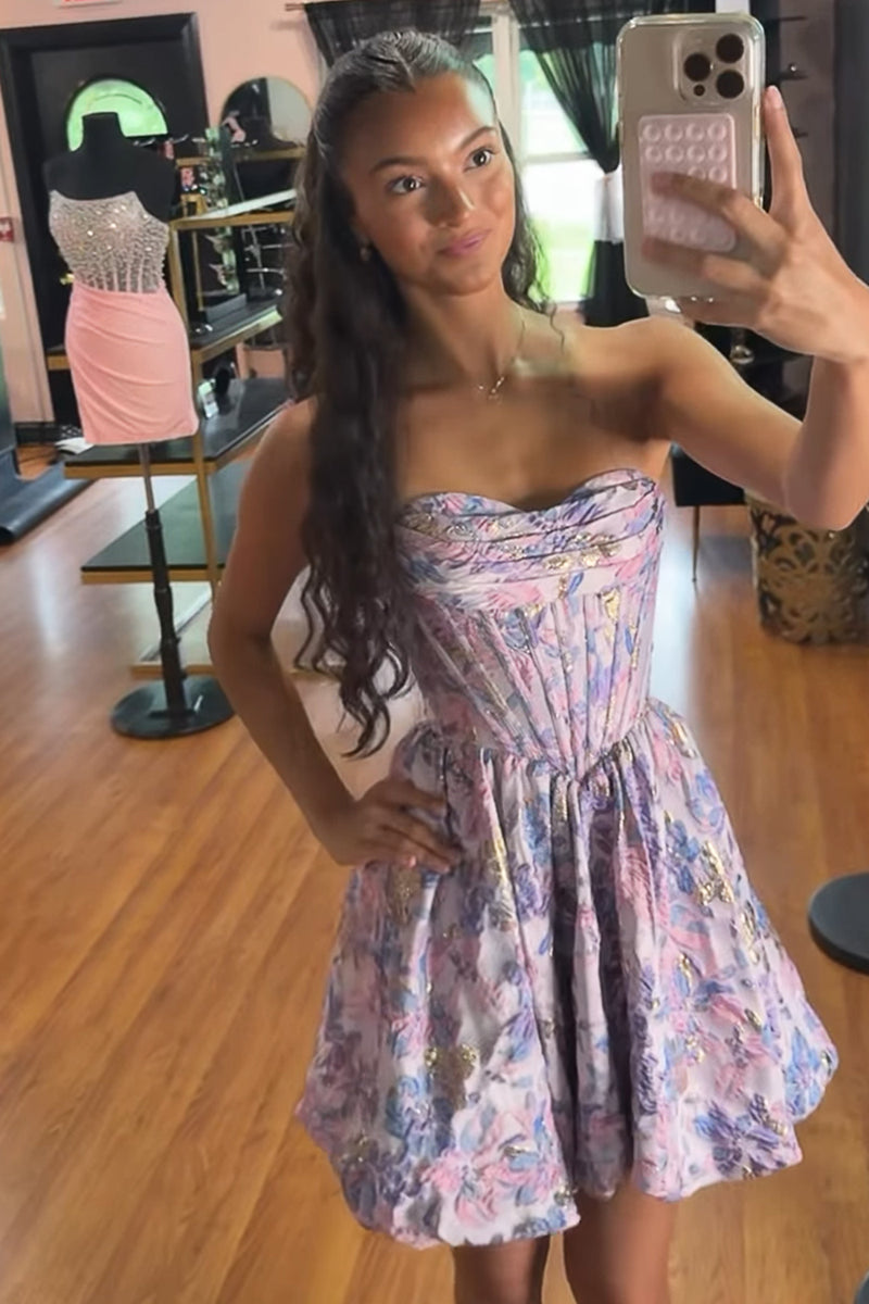 Load image into Gallery viewer, Purple Flower A Line Jacquard Strapless Corset Short Cocktail Dress