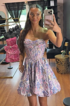 Purple Flower A Line Jacquard Strapless Corset Short Cocktail Dress