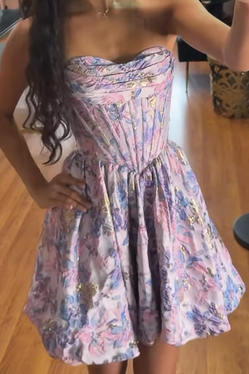 Load image into Gallery viewer, Purple Flower A Line Jacquard Strapless Corset Short Cocktail Dress