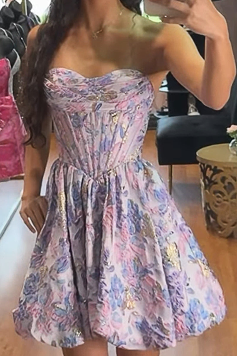 Load image into Gallery viewer, Purple Flower A Line Jacquard Strapless Corset Short Cocktail Dress