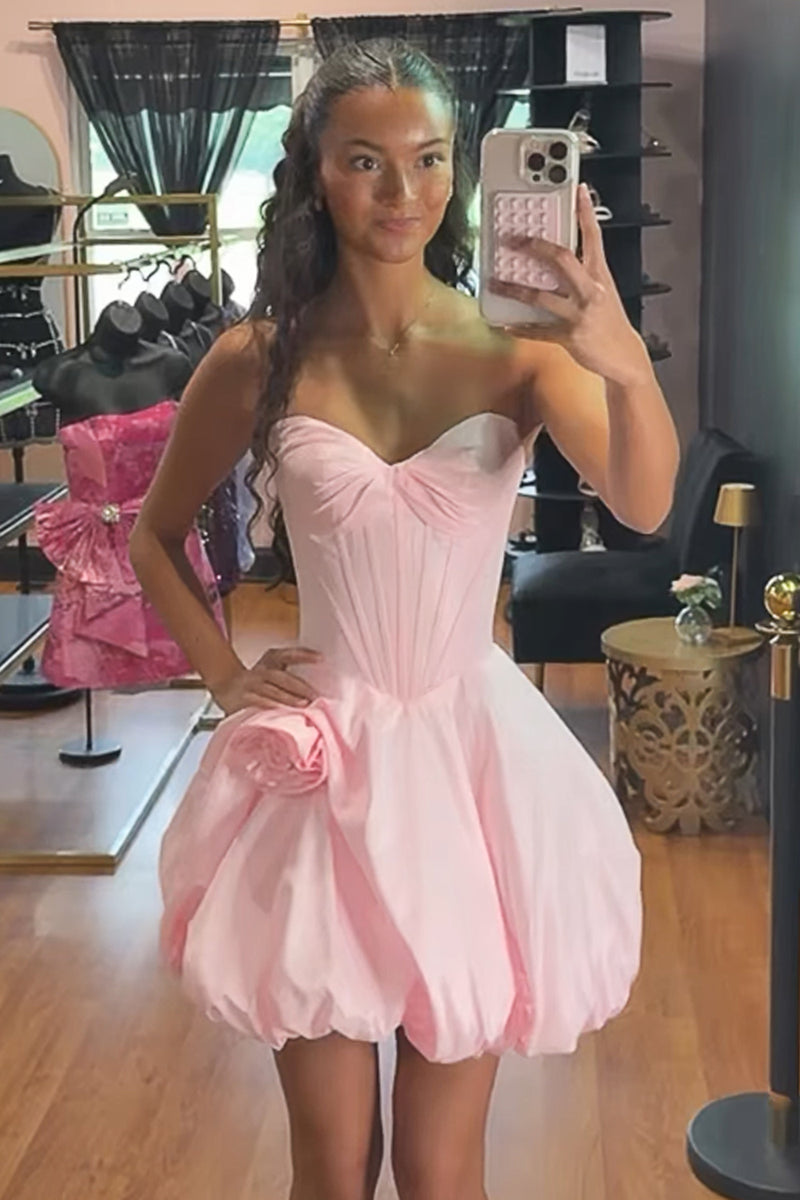 Load image into Gallery viewer, Pink Sweetheart Corset Short Bubble Cocktail Dress with 3D Flower