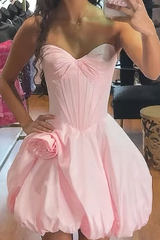 Pink Sweetheart Corset Short Bubble Cocktail Dress with 3D Flower