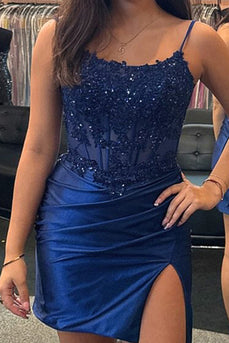 Navy Corset Floral Sparkly Tight Ruched Short Cocktail Dress with Slit