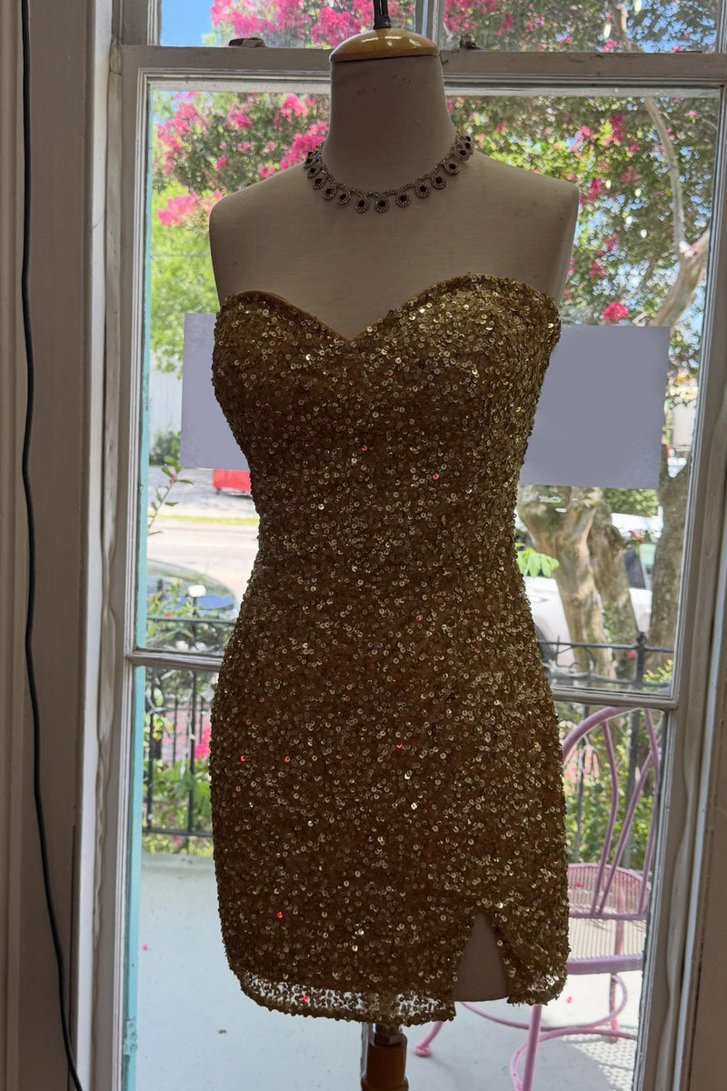 Load image into Gallery viewer, Sparkly Gold Bodycon Sweetheart Sequins Short Cocktail Dress with Slit
