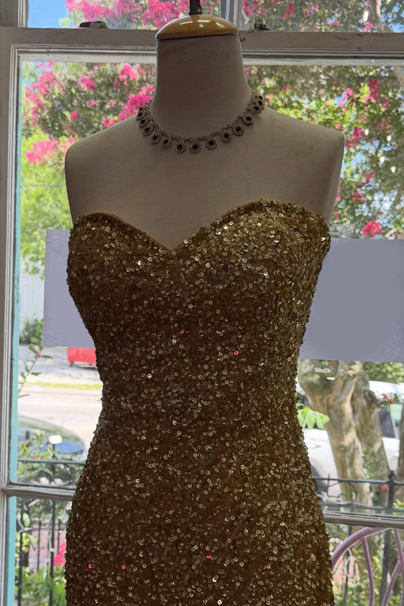 Load image into Gallery viewer, Sparkly Gold Bodycon Sweetheart Sequins Short Cocktail Dress with Slit