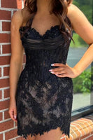 Load image into Gallery viewer, Black Sweetheart Lace Corset Ruched Short Cocktail Dress