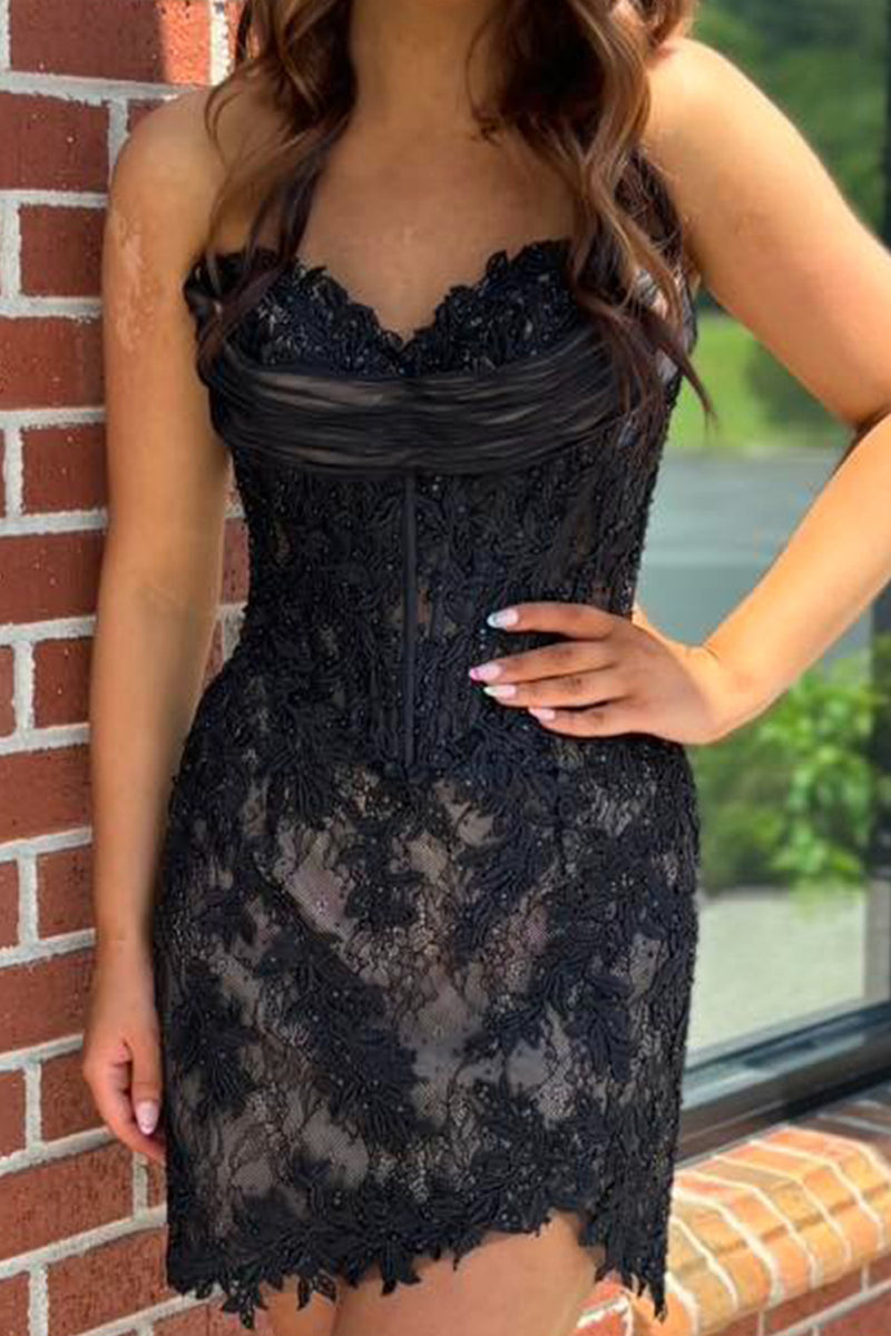 Load image into Gallery viewer, Black Sweetheart Lace Corset Ruched Short Cocktail Dress