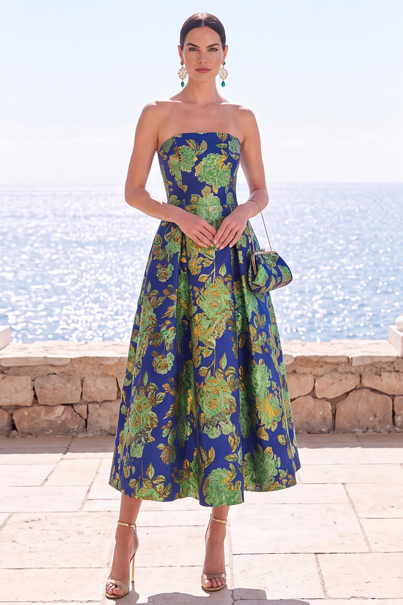 Load image into Gallery viewer, Pink Flower Strapless A Line Long Wedding Guest Dress with Pockets