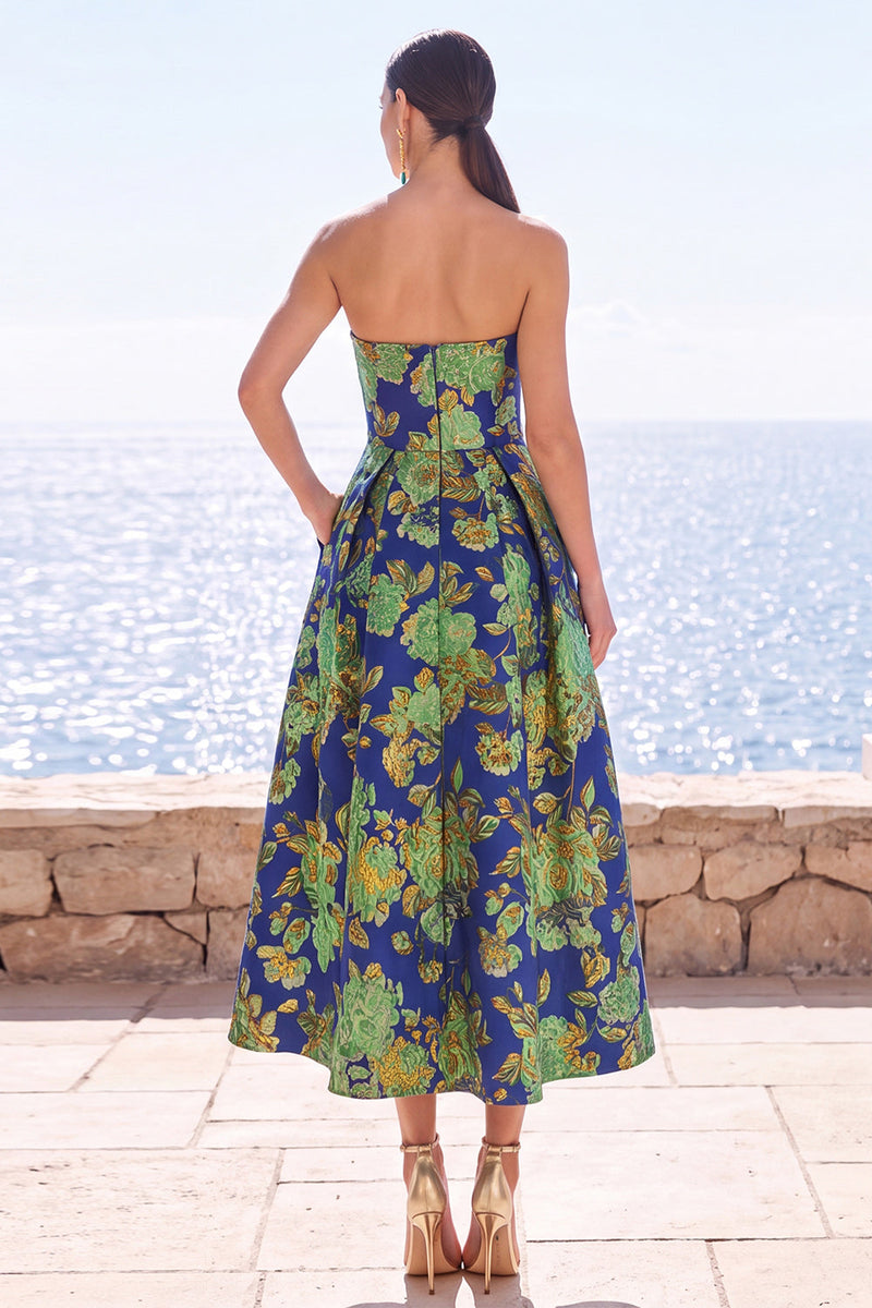 Load image into Gallery viewer, Pink Flower Strapless A Line Long Wedding Guest Dress with Pockets