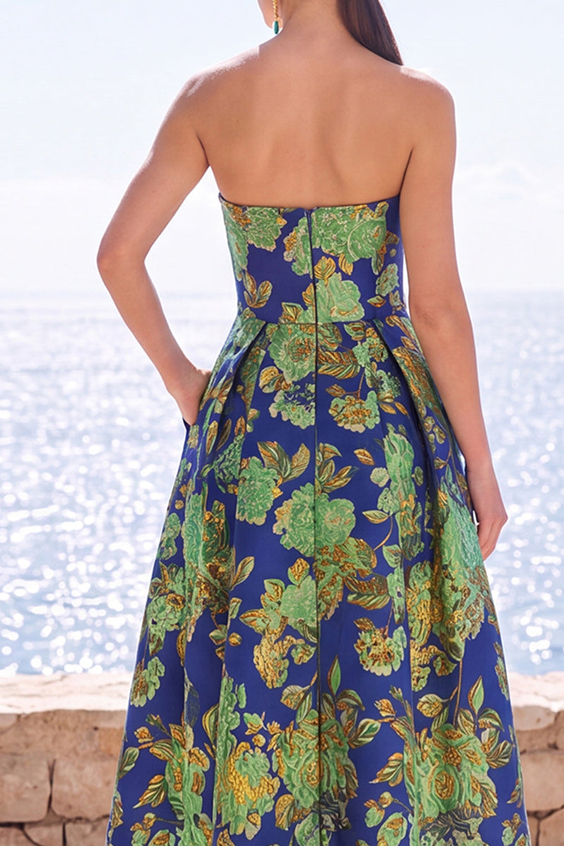Load image into Gallery viewer, Pink Flower Strapless A Line Long Wedding Guest Dress with Pockets