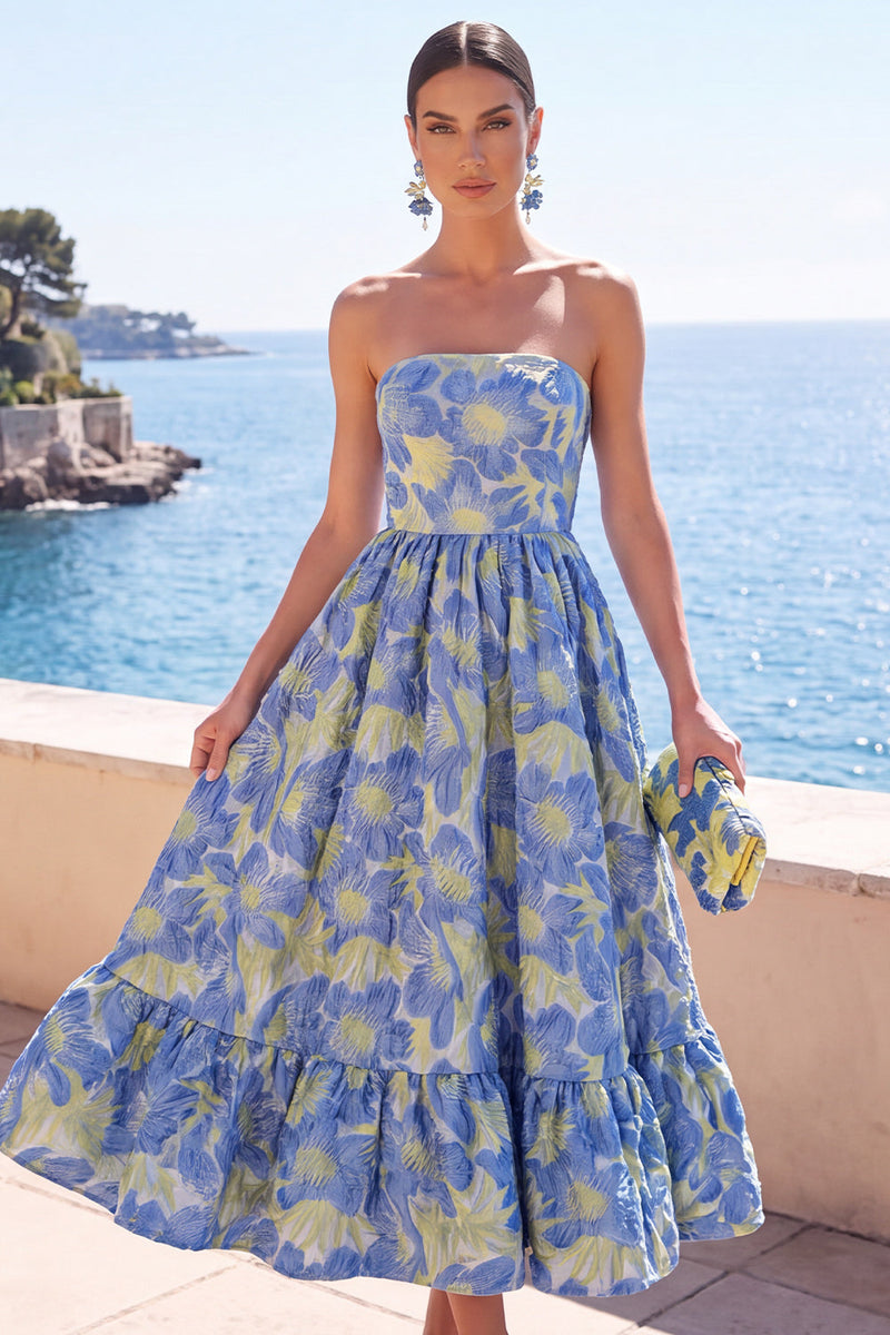 Load image into Gallery viewer, Pink Floral Strapless A Line Long Wedding Guest Dress with Ruffles