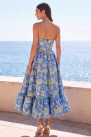 Load image into Gallery viewer, Pink Floral Strapless A Line Long Wedding Guest Dress with Ruffles