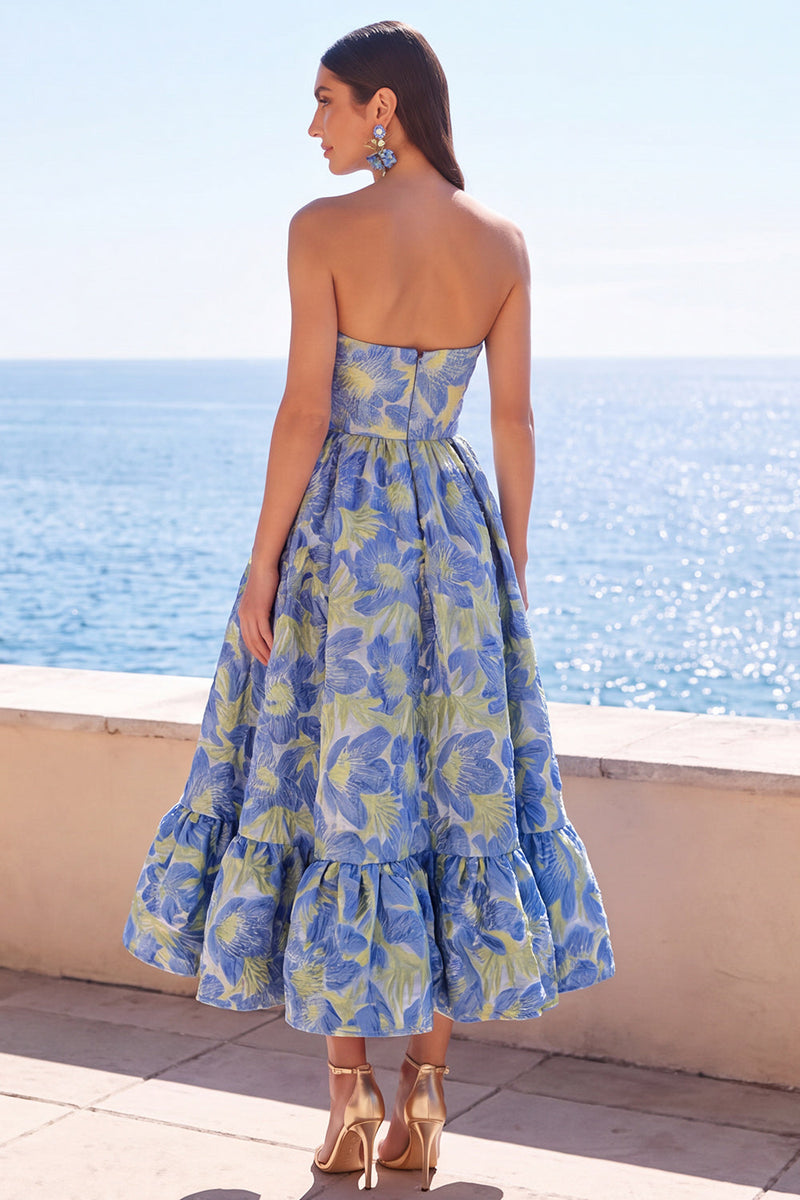 Load image into Gallery viewer, Pink Floral Strapless A Line Long Wedding Guest Dress with Ruffles