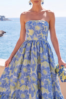 Load image into Gallery viewer, Pink Floral Strapless A Line Long Wedding Guest Dress with Ruffles