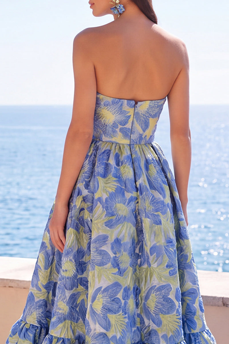 Load image into Gallery viewer, Pink Floral Strapless A Line Long Wedding Guest Dress with Ruffles
