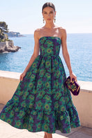 Load image into Gallery viewer, Pink Floral Strapless A Line Long Wedding Guest Dress with Ruffles