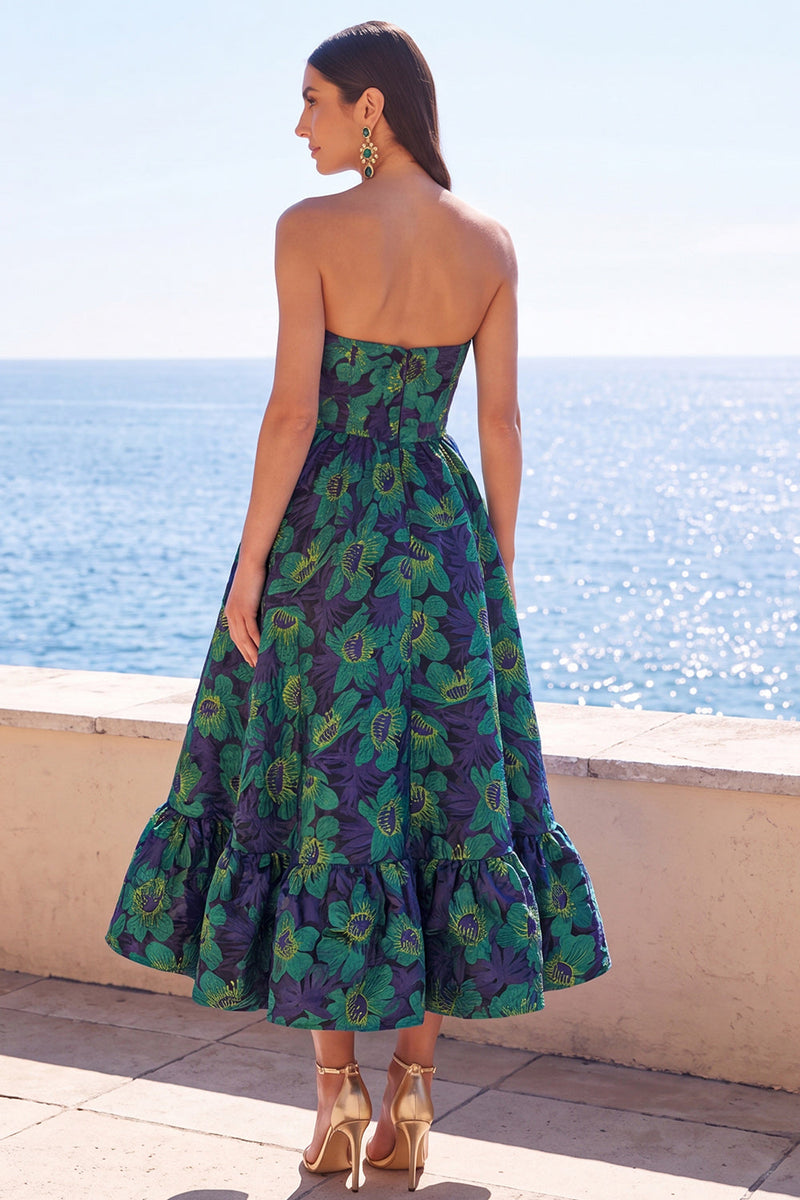 Load image into Gallery viewer, Pink Floral Strapless A Line Long Wedding Guest Dress with Ruffles