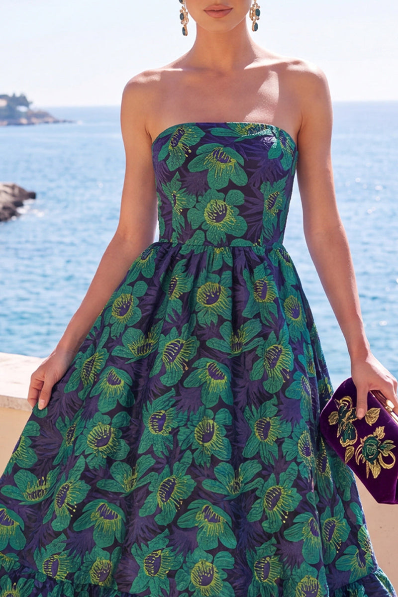 Load image into Gallery viewer, Pink Floral Strapless A Line Long Wedding Guest Dress with Ruffles