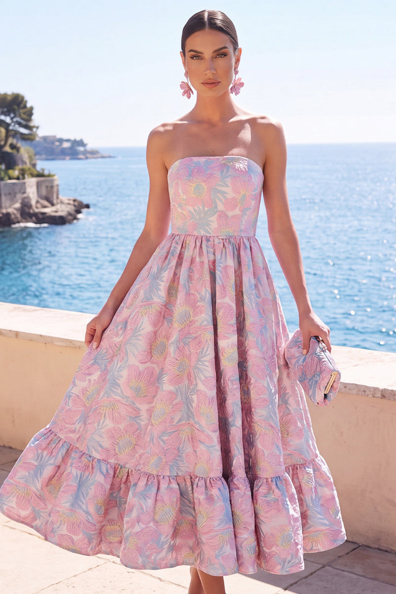 Load image into Gallery viewer, Pink Floral Strapless A Line Long Wedding Guest Dress with Ruffles