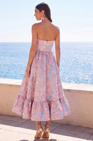 Load image into Gallery viewer, Pink Floral Strapless A Line Long Wedding Guest Dress with Ruffles