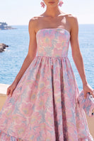 Load image into Gallery viewer, Pink Floral Strapless A Line Long Wedding Guest Dress with Ruffles