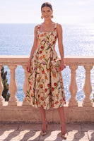 Load image into Gallery viewer, Floral Apricot Square Neck A Line Midi Wedding Guest Dress
