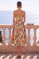 Load image into Gallery viewer, Floral Apricot Square Neck A Line Midi Wedding Guest Dress