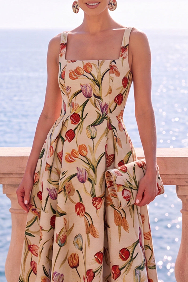Load image into Gallery viewer, Floral Apricot Square Neck A Line Midi Wedding Guest Dress