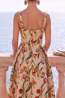 Load image into Gallery viewer, Floral Apricot Square Neck A Line Midi Wedding Guest Dress