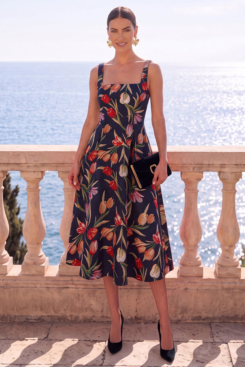 Load image into Gallery viewer, Floral Apricot Square Neck A Line Midi Wedding Guest Dress