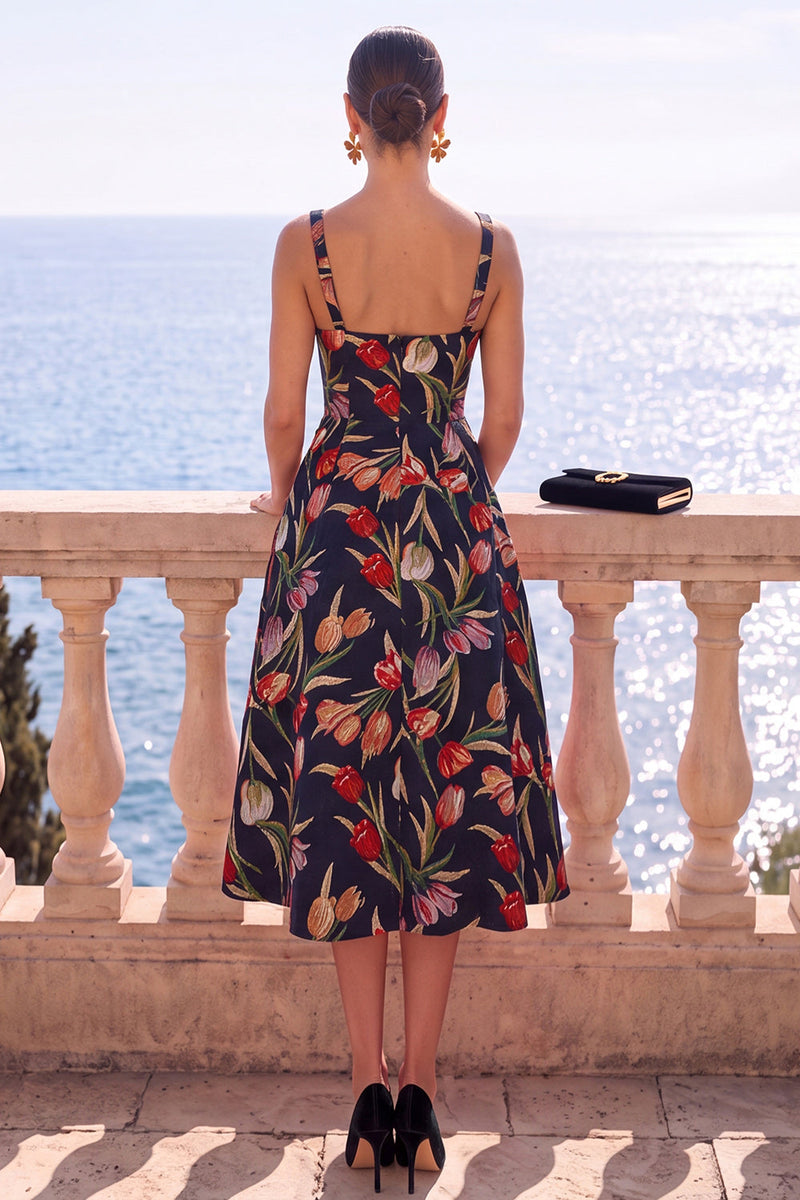 Load image into Gallery viewer, Floral Apricot Square Neck A Line Midi Wedding Guest Dress