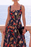 Load image into Gallery viewer, Floral Apricot Square Neck A Line Midi Wedding Guest Dress