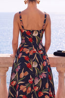 Load image into Gallery viewer, Floral Apricot Square Neck A Line Midi Wedding Guest Dress
