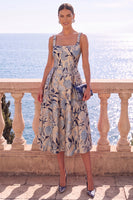 Load image into Gallery viewer, Floral Apricot Square Neck A Line Midi Wedding Guest Dress