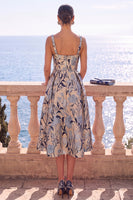 Load image into Gallery viewer, Floral Apricot Square Neck A Line Midi Wedding Guest Dress