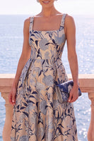 Load image into Gallery viewer, Floral Apricot Square Neck A Line Midi Wedding Guest Dress