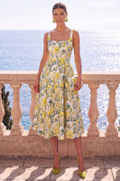 Load image into Gallery viewer, Floral Apricot Square Neck A Line Midi Wedding Guest Dress