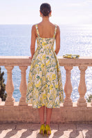 Load image into Gallery viewer, Floral Apricot Square Neck A Line Midi Wedding Guest Dress