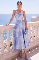 Load image into Gallery viewer, A Line Blue Floral Strapless Long Wedding Guest Dress