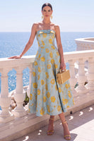 Load image into Gallery viewer, A Line Blue Floral Strapless Long Wedding Guest Dress