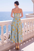 Load image into Gallery viewer, A Line Blue Floral Strapless Long Wedding Guest Dress