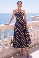 Load image into Gallery viewer, A Line Blue Floral Strapless Long Wedding Guest Dress